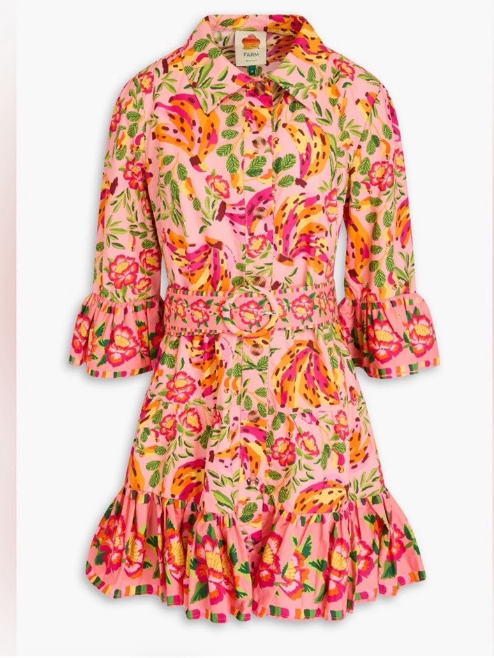 FARM RIO Painted Bananas Organic Cotton Ruffle Belted Mini Dress - Size XS - Picture 8 of 13